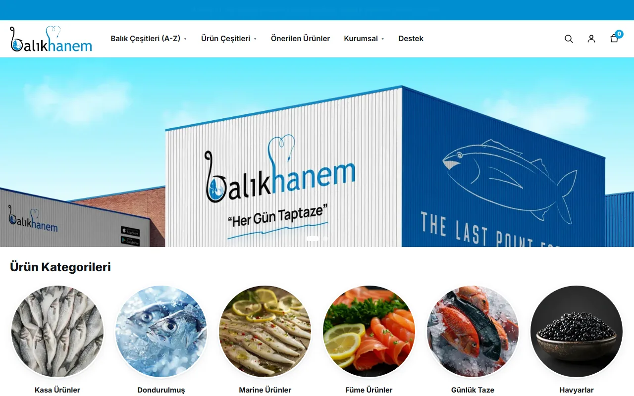 Balıkhanem açılış ekranı: soğuk zincir kargo şeridi, tesis görseli ve görselle açılan ürün kategorileri