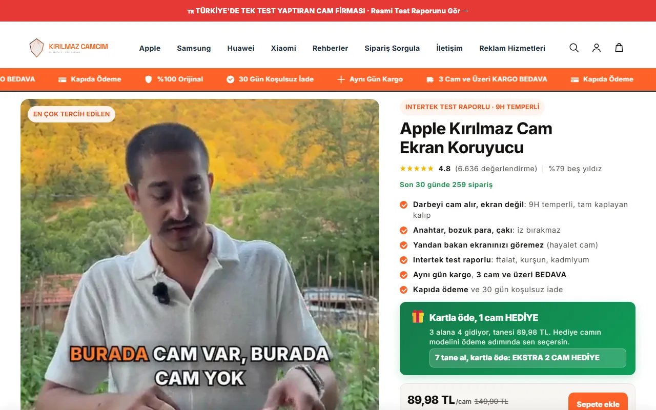 Kırılmaz Camcım ürün sayfası: Intertek test raporu rozeti, kullanım videosu, 4,8 puan ve kapıda ödeme vaadi